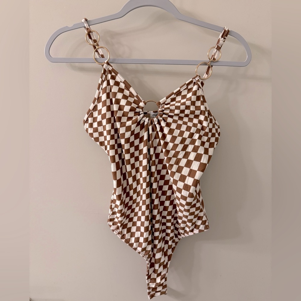 NWT Rue 21 brown and white checkered bodysuit. Size S.